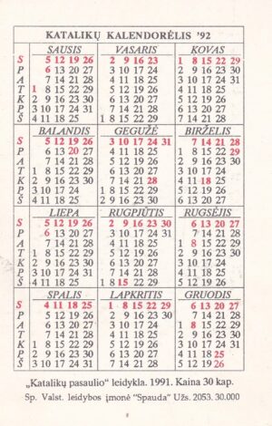 Katalikų kalendorėlis 1992