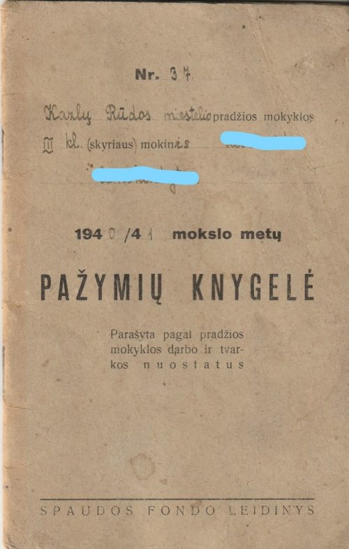Pažymių knygelė 1940/41 mokslo metų