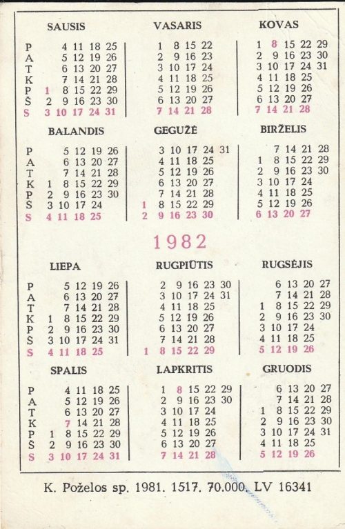 Kalendoriukas , 1982