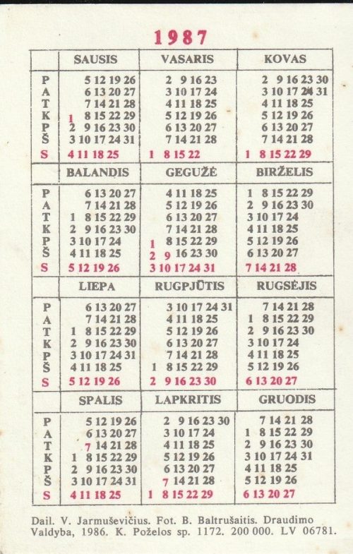 Kalendoriukas , 1987